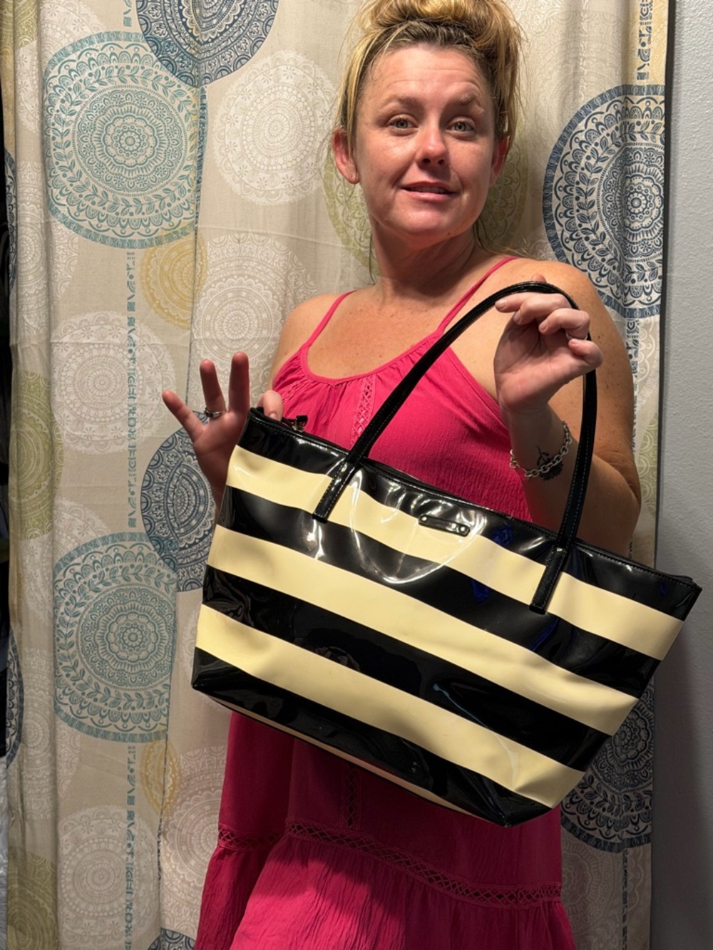kate spade Black and Cream Striped Patent Tote with Pink Lining